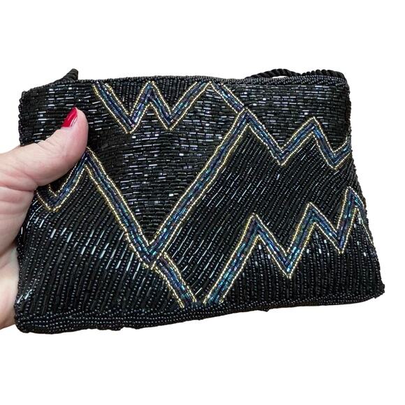 Vintage 1980’s black & blue beaded evening bag flapper prom purse mod geometric - Picture 12 of 12